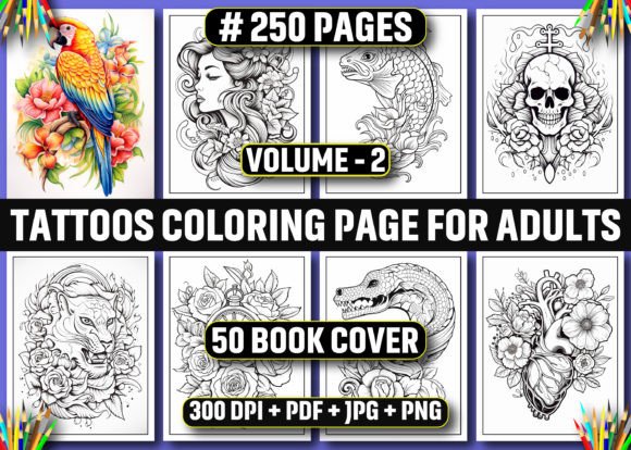 250 Tattoos Coloring Pages for Adults